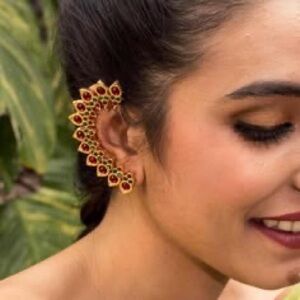 Gold and Red Ear Cuff Jewelry - Elegant Women's Ear Wrap
